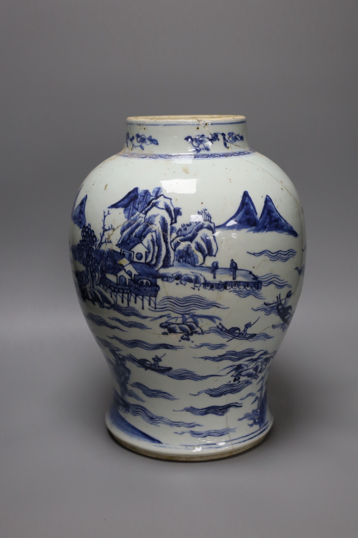 An 18th century Chinese blue and white baluster jar, a.f., height 35cm